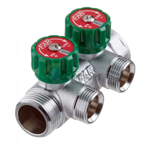 Коллектор Far (FK 3821 134) 1 ВР(г) х 2 выхода 3/4 НР(ш) ЕК х 1 НР(ш) регулируeмый (ФАР) - фото 1