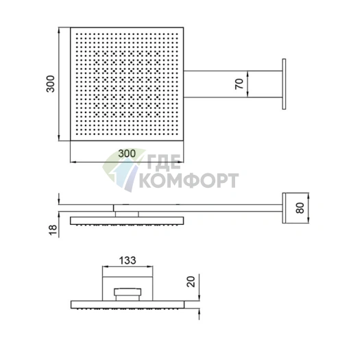 Душевая лейка Almar VELVET DUAL FLOW настенная, 300x300 мм, 2 режима, нержавеющая сталь (E044277.MS) - фото 2