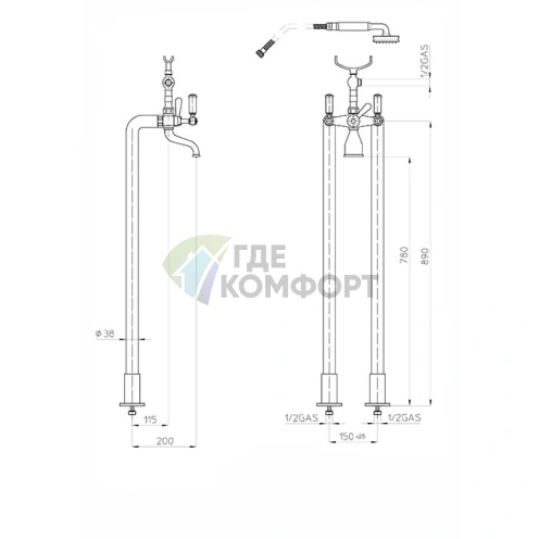 Напольный смеситель для ванны Bossini Liberty с душем, матовый никель (L00130.094) - фото 2