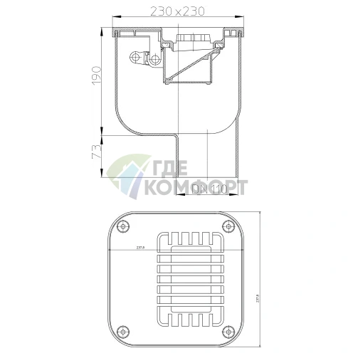 Трап HL680 с решёткой 230x230 мм-с обратным клапаном-незамерзающим запахозапирающим устройством и вертикальным выпуском - фото 3