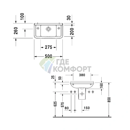 Белая подвесная раковина Duravit Starck 3 500x260 мм с переливом и отверстием слева (751500009) - фото 5