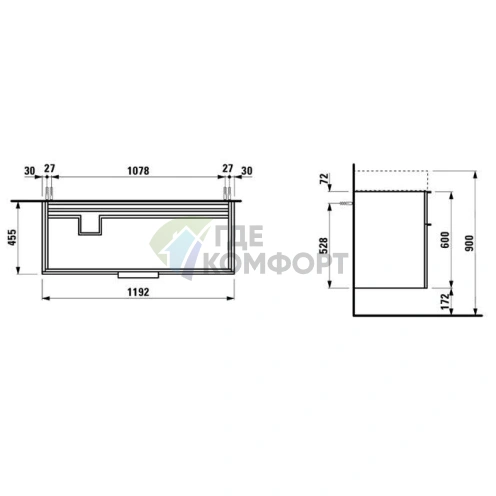 Тумба под раковину Laufen Kartell 810332 с сифоном и 2 ящиками, 1190х455х615 мм, белая глянцевая (4.0764.2.033.631.1) - фото 2