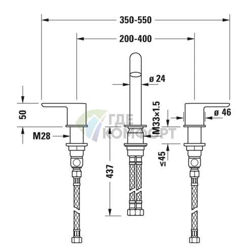 Смеситель для раковины Duravit C.1 на 3 отверстия, излив 140 мм, хром (C11060003010) - фото 2