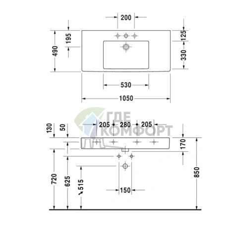 Раковина Duravit Vero белая встраиваемая 1050x490 мм без отверстия под смеситель (329100070) - фото 4