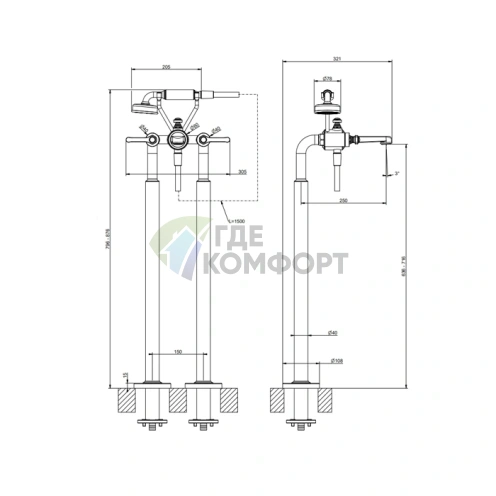 Напольный смеситель GESSI VENTI20 для ванны: двухвентильный, с ручным душем, матовый черный (65128#299) - фото 2