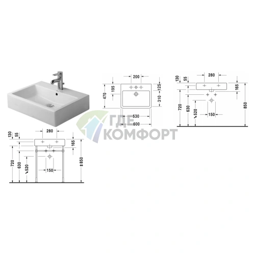 Раковина Duravit Vero Умывальник шлифованный с перел с 1 отв под смеситель включая крепление 600x470мм Цвет Черный - фото 2