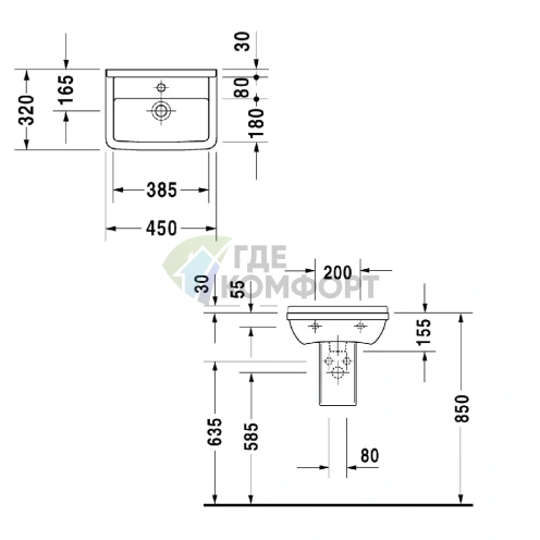 Раковина Duravit Starck 3 450x320 мм белая с отверстием под смеситель и переливом (750450000) - фото 7
