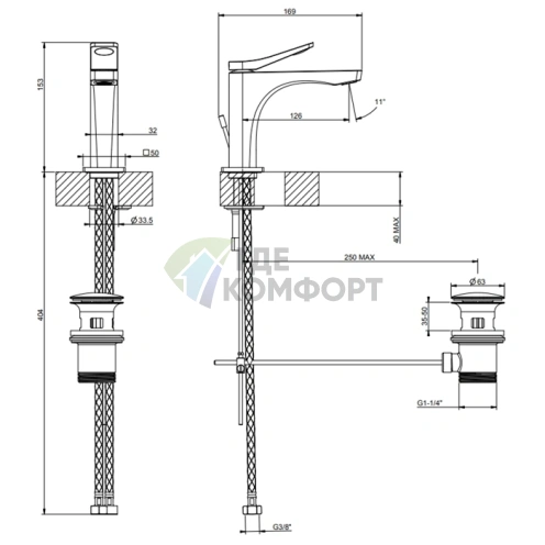 Смеситель для раковины GESSI Rilievo на 1 отверстие с донным клапаном, хром (59001#031) - фото 2