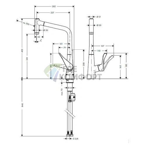Смеситель Hansgrohe Metris 14820000 для кухни: выдвижная лейка и универсальный монтаж - фото 5