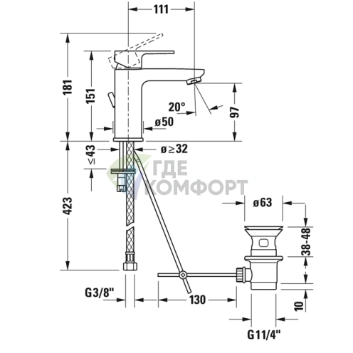 Смеситель для раковины Duravit B.3 с донным клапаном, хром (B31010001010) - фото 2