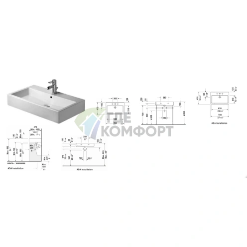 Раковина Duravit Vero Умывальник шлифованный с перел без отв под смеситель включая крепление 700x470мм Цвет Черный - фото 2