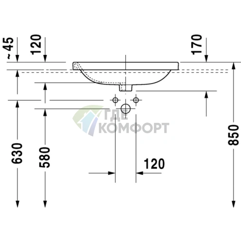 Раковина Duravit DuraStyle 560x455 мм: Встраиваемая сверху с переливом, белая, 1 отв. под смеситель (374560000) - фото 2