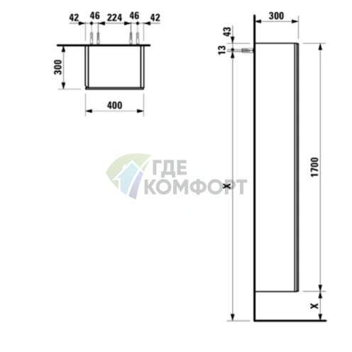 Шкаф подвесной Laufen Alessi One 400x300x1700 мм с зеркальной дверцей и 4 полками (цвет орех) (4.5802.1.097.630.1) - фото 2