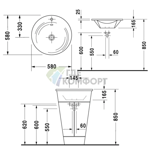 Раковина Duravit круглая 580 мм белая с переливом и отверстием под смеситель (406580000) - фото 2