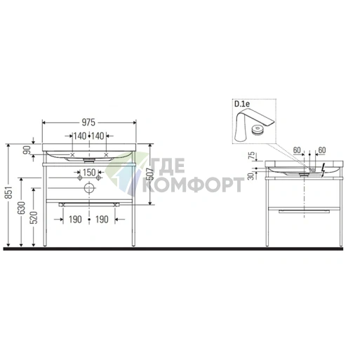 Консоль напольная Duravit Happy D.2 Plus с умывальником 975×490×850 мм, белая глянцевая (HP4838O2222) - фото 2