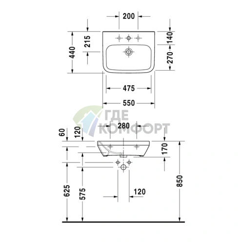 Медицинская раковина Duravit DuraStyle 550x440 мм без перелива и отверстия под смеситель (2324550070) - фото 2