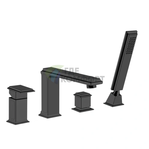 Смеситель для ванны Gessi Eleganza на 4 отверстия с переключателем, изливом и ручным душем в черном металлике (46037#706) - фото 1