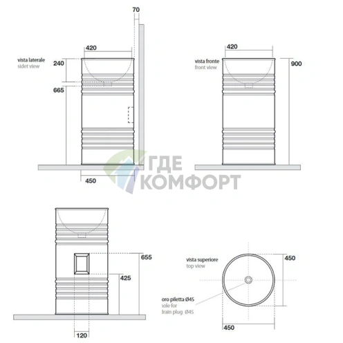 Раковина Kerasan Artwork BARREL 45x90 см: свободностоящая, цвет ржавчина, без отверстия под смеситель (4742K83) - фото 6