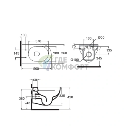 Подвесной унитаз AZZURRA NUVOLA 55x35 см безободковый белый с системой инсталляции KIT2000CF (NUV100E/SOSK bi)) - фото 2