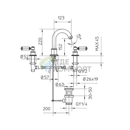 Смеситель для раковины Bossini Liberty на 3 отверстия с поворотным изливом (Z001302.094) - фото 2