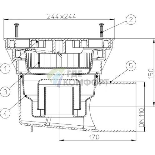 Трап HL605LW с решеткой 226x226 мм-с грязеуловителем и горизонтальным выпуском DN110 - фото 3