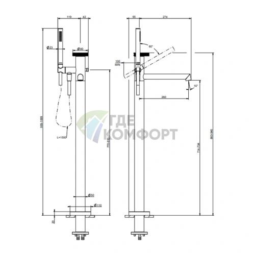 Напольный смеситель для ванны GESSI ANELLO с ручным душем, цвет Finox Brushed Nickel (63328#149) - фото 2