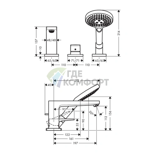 Смеситель для ванны Hansgrohe Metropol с ручным душем 3jet, хром (74550000) - фото 2