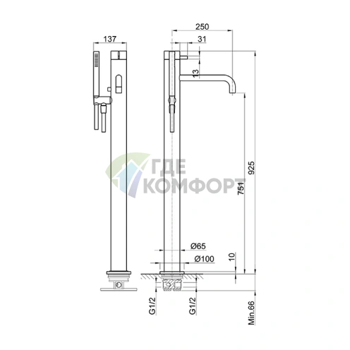 Напольный смеситель для ванны Fantini AF/21 с ручным душем (хром) (27 02 A580B) - фото 2