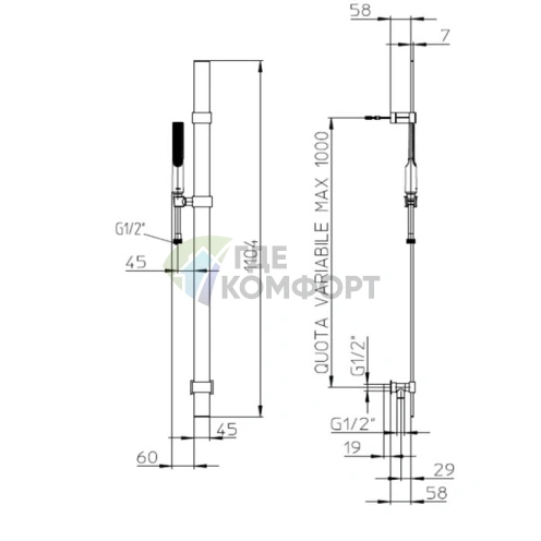 BOSSINI APICE Душевая штанга FLAT 110 см из латуни с лейкой и шлангом Cromolux 150 см в цвете хром (D48088.030) - фото 2