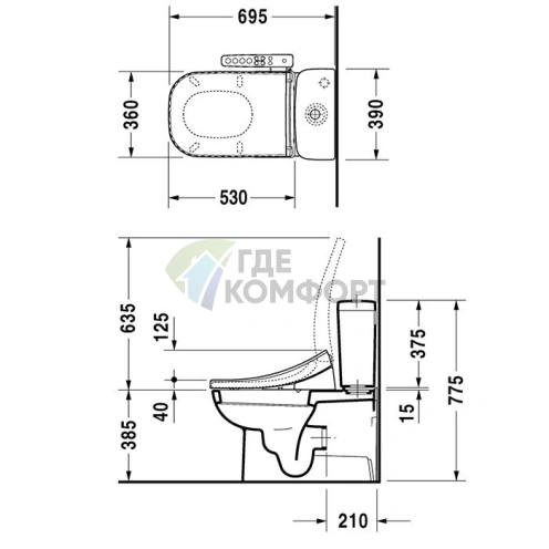 Унитаз Duravit D-Code моноблок с отдельным бачком 695x360 мм, универсальный слив, белый (21420900002) - фото 2