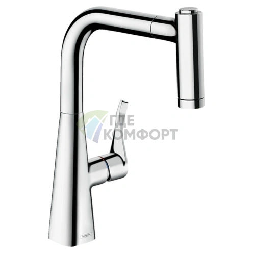 Кухонный смеситель Hansgrohe Metris с поворотным выдвижным изливом 2jet в хроме (14834000) - фото 1