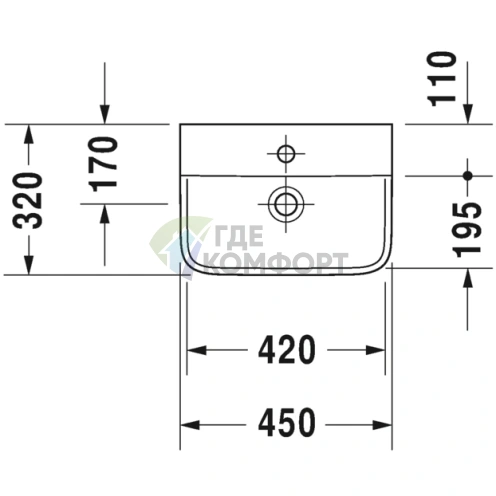 Раковина 0716450060 Duravit P3 Comforts для рук с перел Без отв под смеситель вкл заглушку для перелива хром 450x320мм Цвет Белый - фото 2