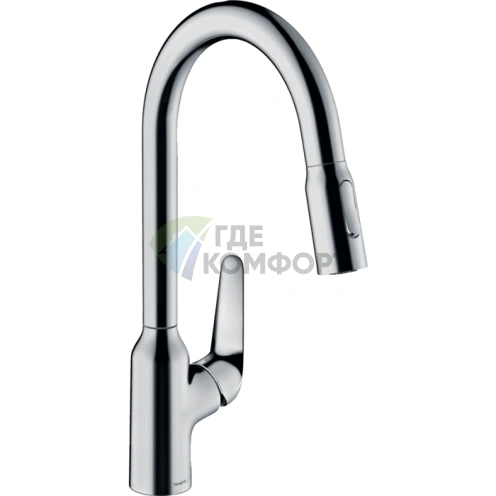 Кухонный смеситель Hansgrohe Focus M42 с вытяжным душем: однорычажный, поворотный излив, хром (71800000) - фото 1