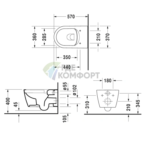 Унитаз подвесной Duravit Me by Starck Rimless 570x370 мм с креплением Durafix и покрытием WonderGliss (25290926001) - фото 2