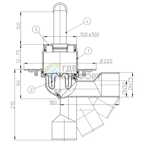 Трап HL80.2 с решеткой 100x100 мм с переливным стояком и выпуском в виде поворотного шарнира от 0° до 90° - фото 3