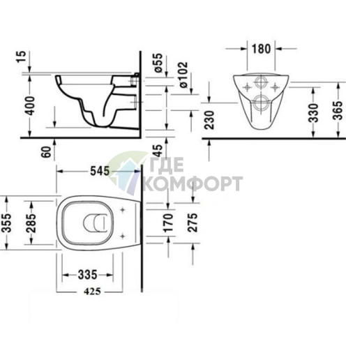 Подвесной унитаз Duravit D-Code с сиденьем с системой мягкого закрывания (253509+006739)) - фото 2