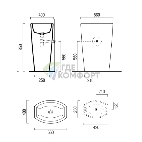 Раковина GSI Norm отдельностоящая белая 56x40x85 см без перелива со сливом в стену - фото 2