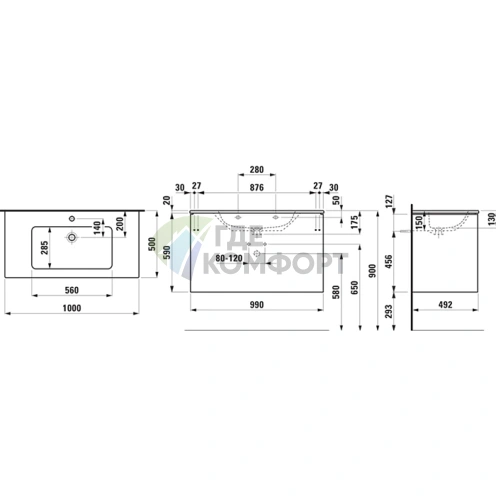 Комплект раковины LAUFEN Pro S 100 см с тумбой и системой открывания push-and-pull (8.6496.2.261.104.1) - фото 2