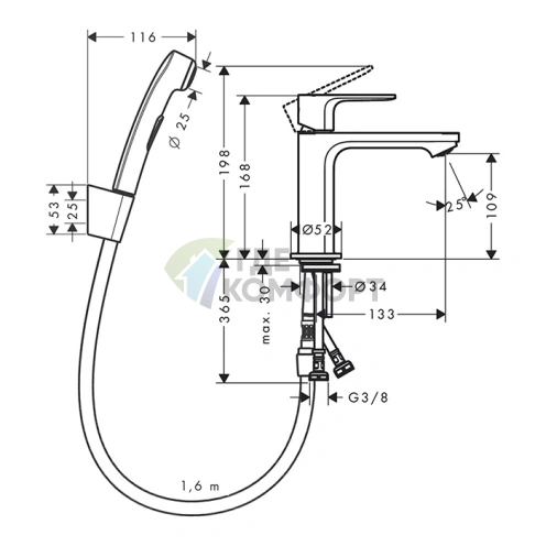 Стильный смеситель Hansgrohe Rebris S 110 для раковины с гигиеническим душем в хроме (72215000) - фото 2