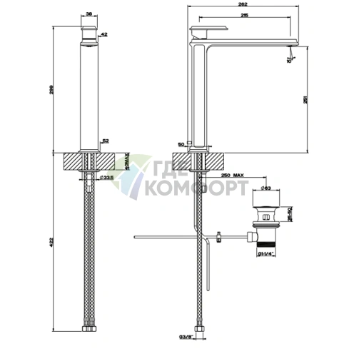 Высокий золотой смеситель Gessi Eleganza для раковины с донным клапаном (46003#080) - фото 2