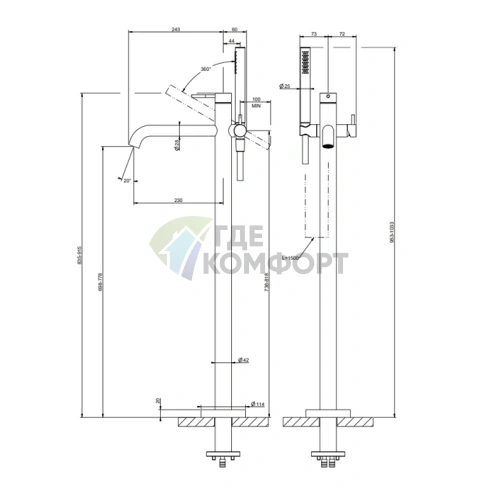 Напольный смеситель для ванны GESSI 316 с душевой лейкой, цвет Black XL (54028#299) - фото 2