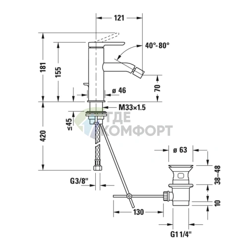 Смеситель для биде Duravit C.1 с донным клапаном, 1 отверстие, излив 121 мм, хром (C12400001010) - фото 2