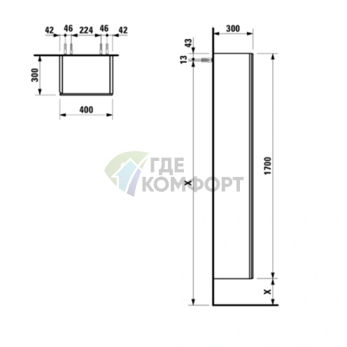 Шкаф подвесной Laufen Alessi One с зеркальной дверью и подсветкой, 400x300x1700 мм, цвет орех (4.5803.2.097.630.1) - фото 2