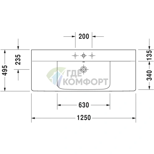 Раковина Duravit P3 Comforts для мебели с переливом 1250x500 мм белого цвета (2332120000) - фото 2